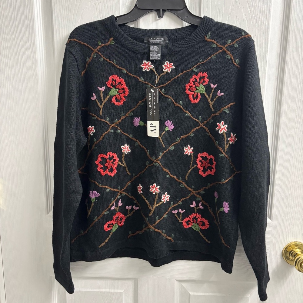 Vintage Embroidered Sweater Womens Large Floral Ramie Wool Cotton Blend Black